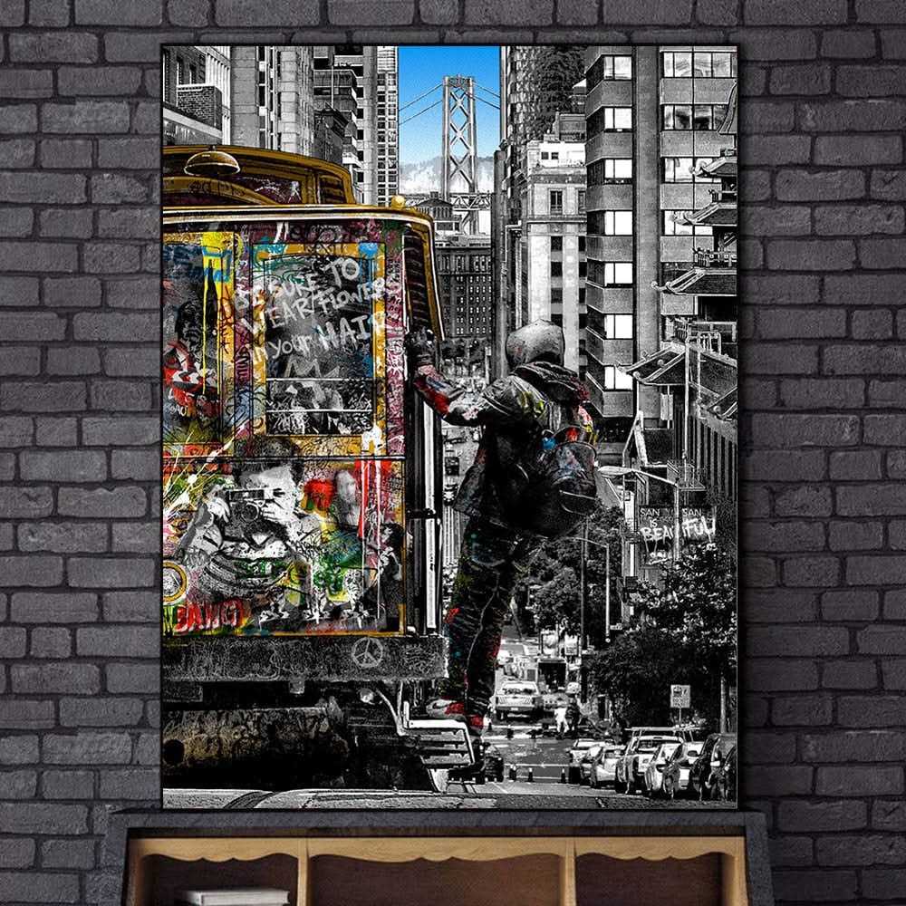 Modern Graffiti Art Catching Bus Tram Canvas Wall Art-ChandeliersDecor.com