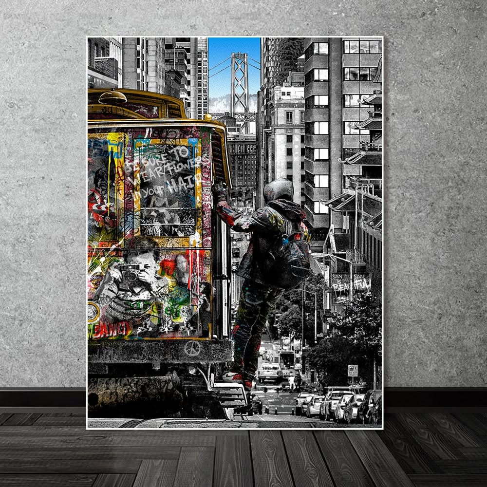 Modern Graffiti Art Catching Bus Tram Canvas Wall Art-ChandeliersDecor.com