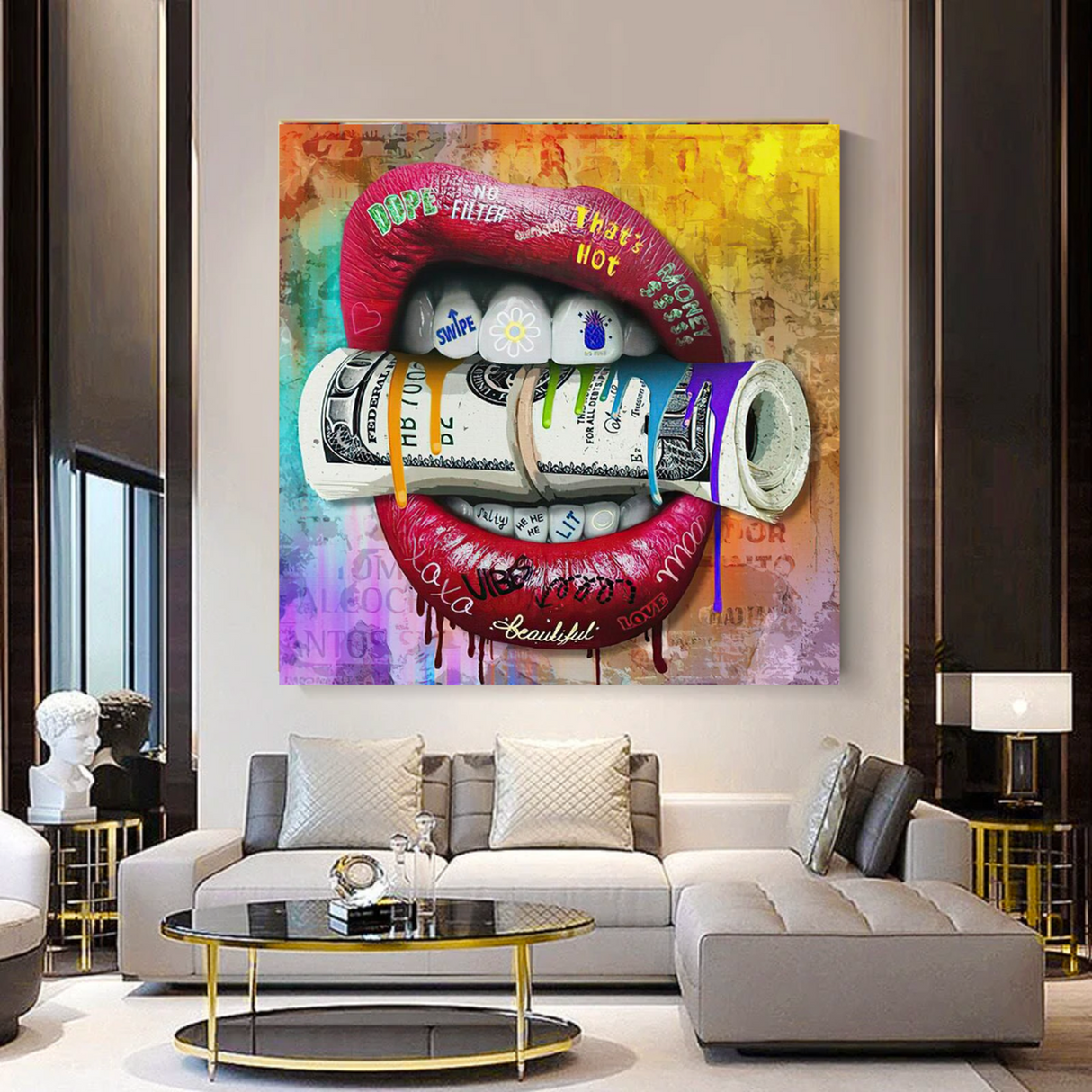 ChandeliersDecor.com-Wall Posters-Money Lips Graffiti Canvas Wall Art