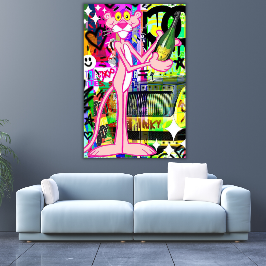 Pink Panther Enjoying Champagne Canvas Poster Canvas Wall Art-ChandeliersDecor.com