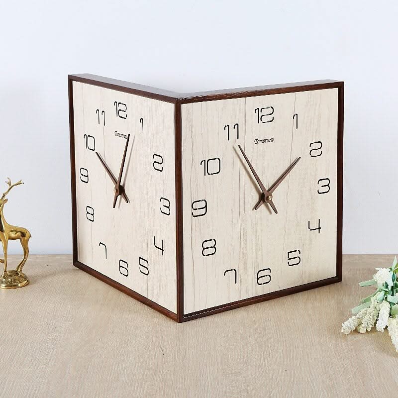 ChandeliersDecor.com-Wall Clocks-Punch-free Solid Wood Corner Double-Sided Wall Clock