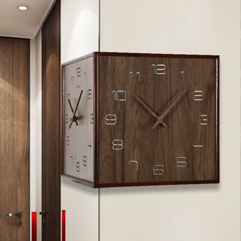 ChandeliersDecor.com-Wall Clocks-Punch-free Solid Wood Corner Double-Sided Wall Clock
