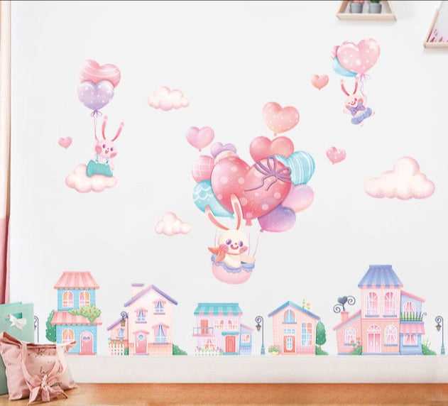ChandeliersDecor.com-Rabbit Bunny on Air Balloons Wall Decal | Full City Tour Wall Sticker