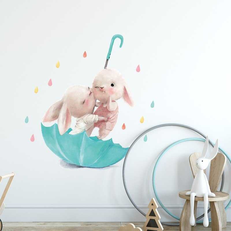 ChandeliersDecor.com-Rabbit on Green Umbrella Wall Sticker | Kids Nursery Wall Stickers