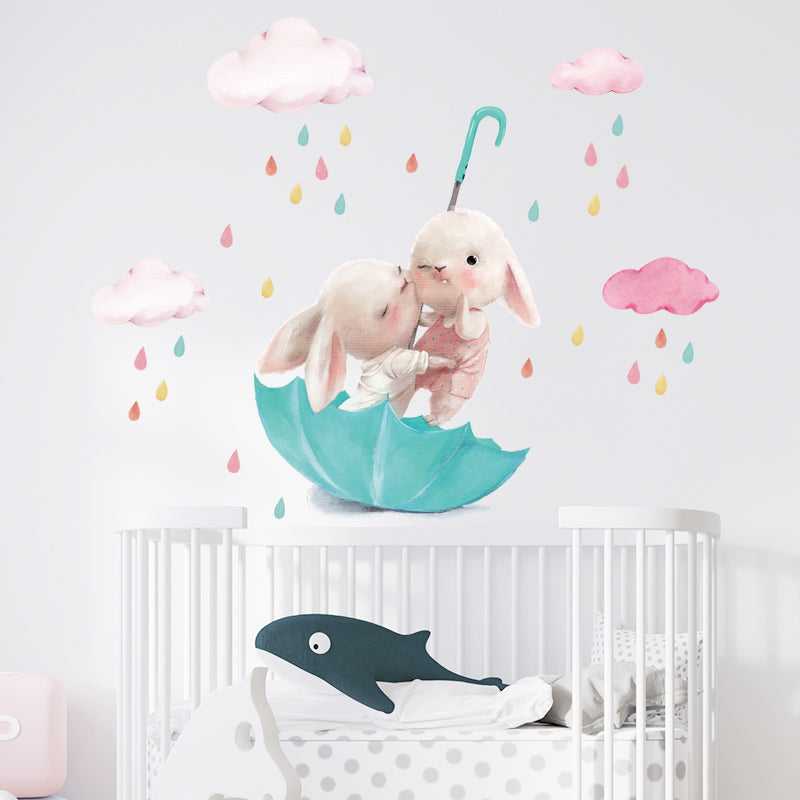 ChandeliersDecor.com-Rabbit on Green Umbrella Wall Sticker | Kids Nursery Wall Stickers