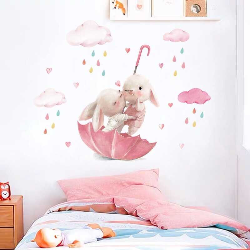 ChandeliersDecor.com-Rabbit on Pink Umbrella Wall Sticker | Kids Nursery Wall Stickers