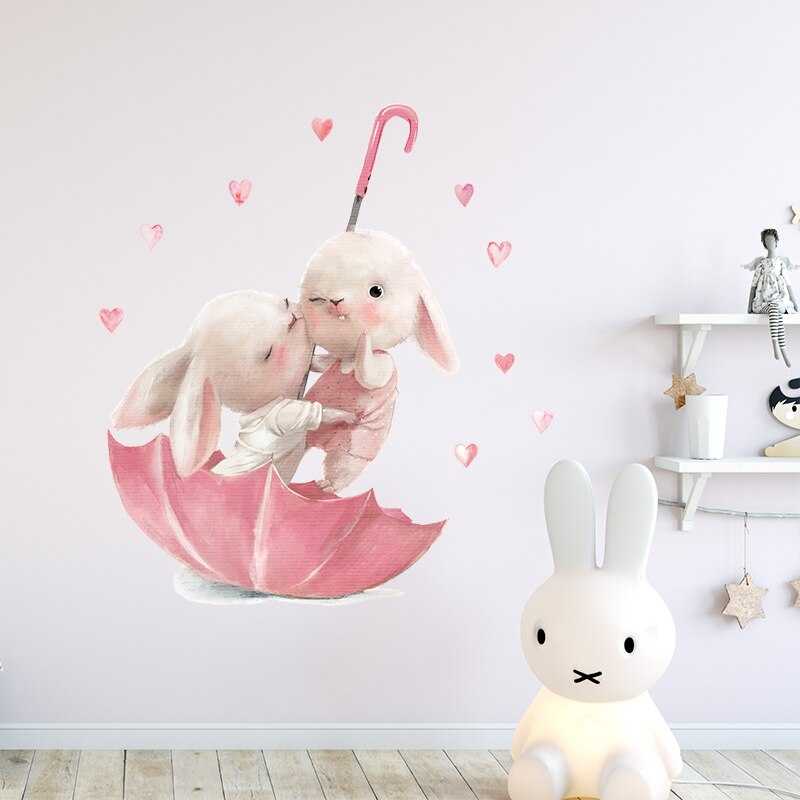 ChandeliersDecor.com-Rabbit on Pink Umbrella Wall Sticker | Kids Nursery Wall Stickers