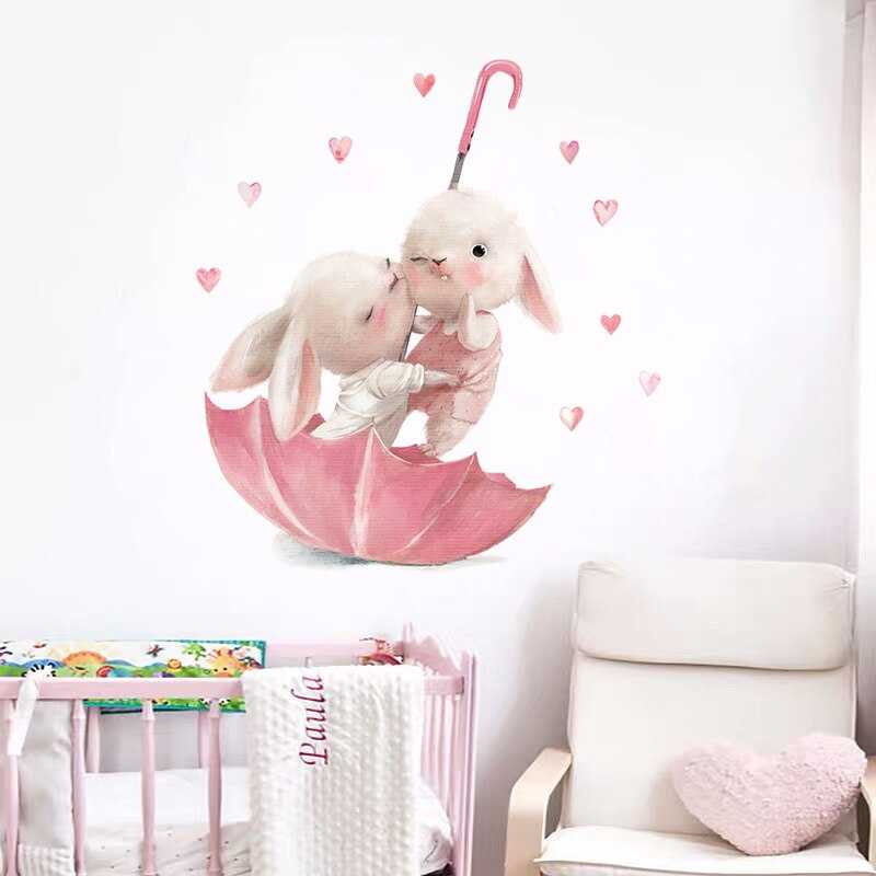 ChandeliersDecor.com-Rabbit on Pink Umbrella Wall Sticker | Kids Nursery Wall Stickers