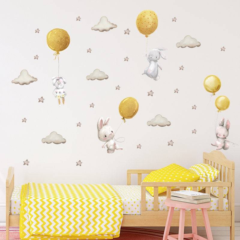 ChandeliersDecor.com-Home Decor Decals-Rabbit Wall Stickers - Nursery Decoration with Balloons and Clouds