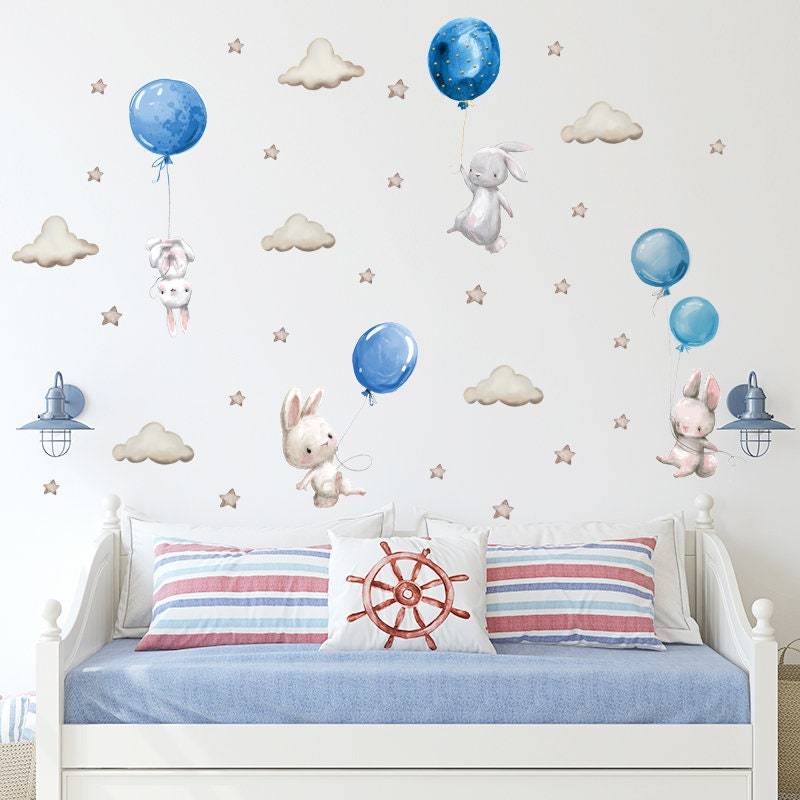 ChandeliersDecor.com-Home Decor Decals-Rabbit Wall Stickers - Nursery Decoration with Balloons and Clouds