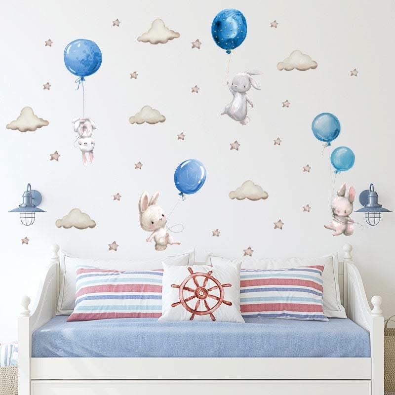 ChandeliersDecor.com-Home Decor Decals-Rabbit Wall Stickers - Nursery Decoration with Balloons and Clouds