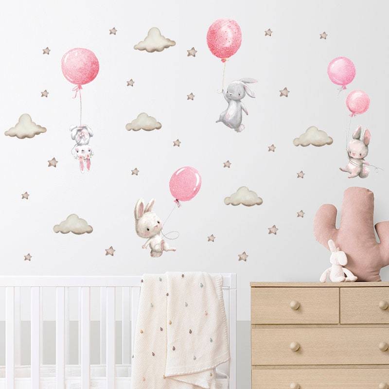 ChandeliersDecor.com-Home Decor Decals-Rabbit Wall Stickers - Nursery Decoration with Balloons and Clouds