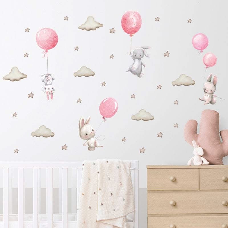 ChandeliersDecor.com-Home Decor Decals-Rabbit Wall Stickers - Nursery Decoration with Balloons and Clouds