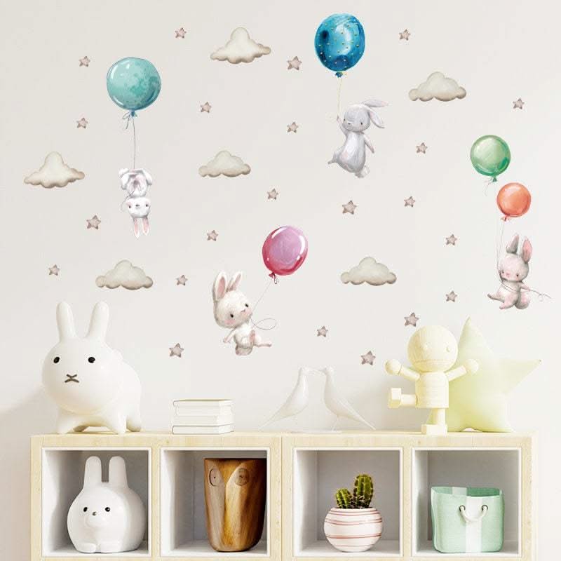 ChandeliersDecor.com-Home Decor Decals-Rabbit Wall Stickers - Nursery Decoration with Balloons and Clouds