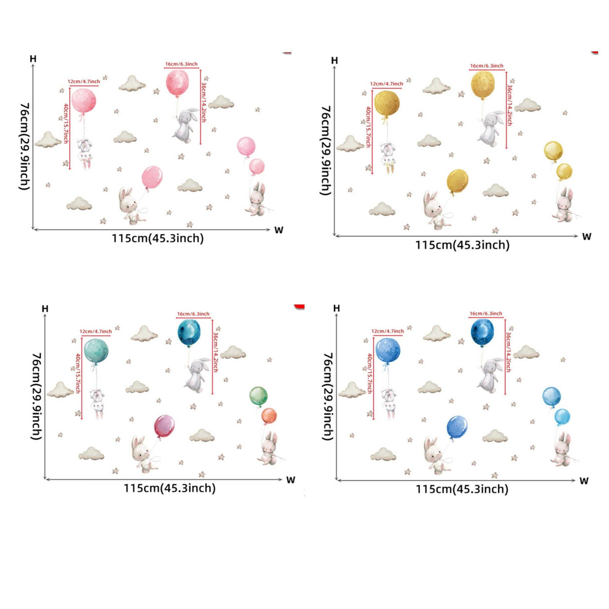 ChandeliersDecor.com-Home Decor Decals-Rabbit Wall Stickers - Nursery Decoration with Balloons and Clouds