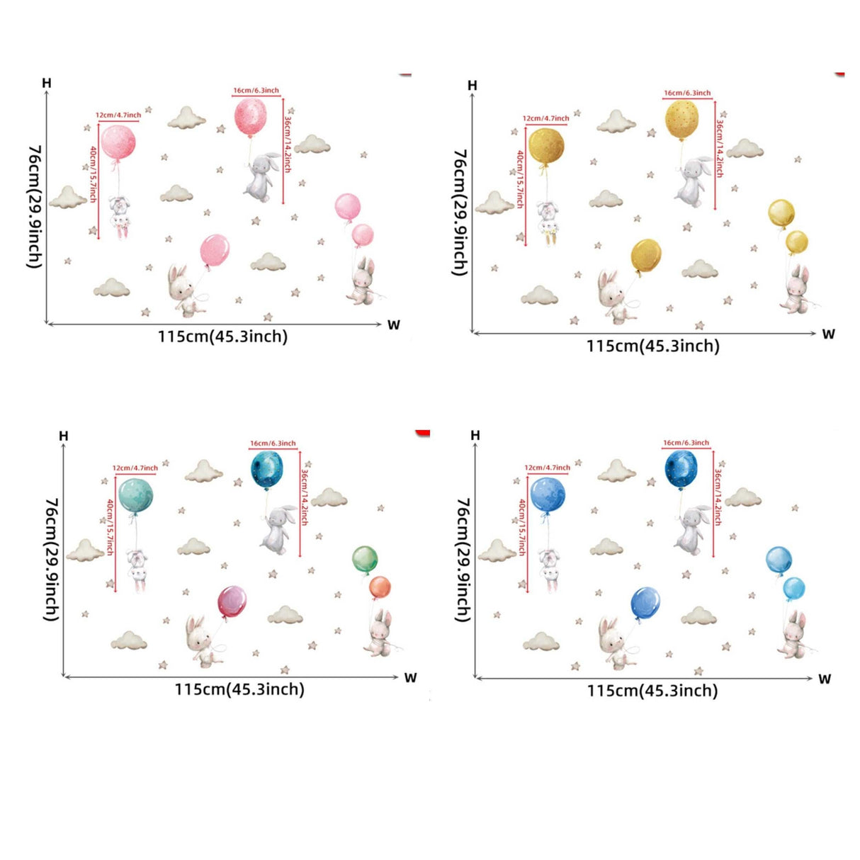 ChandeliersDecor.com-Home Decor Decals-Rabbit Wall Stickers - Nursery Decoration with Balloons and Clouds