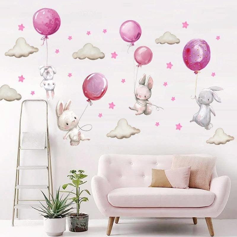ChandeliersDecor.com-Home Decor Decals-Rabbit Wall Stickers - Nursery Decoration with Balloons and Clouds