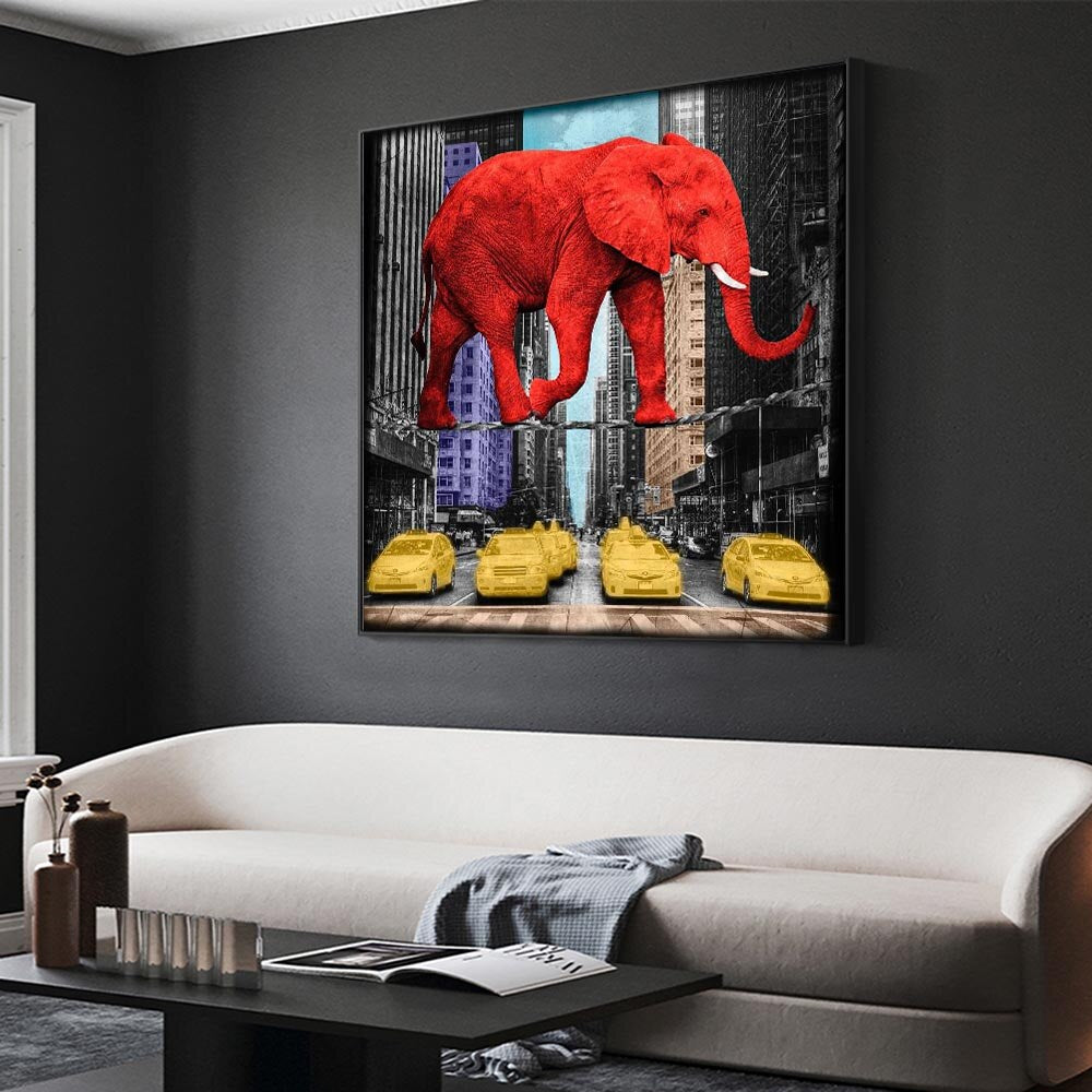ChandeliersDecor.com-Wall Posters-Red Animals Elephant Pink Rhino Canvas Wall Art