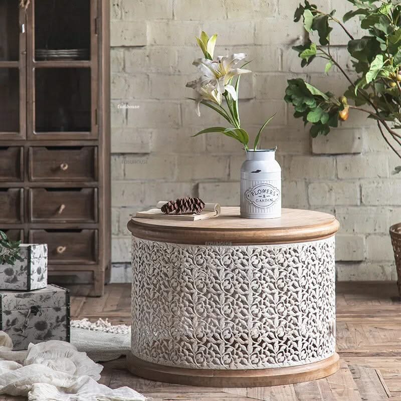 Retro Round Pine Wood Coffee Table Set of 3-ChandeliersDecor.com