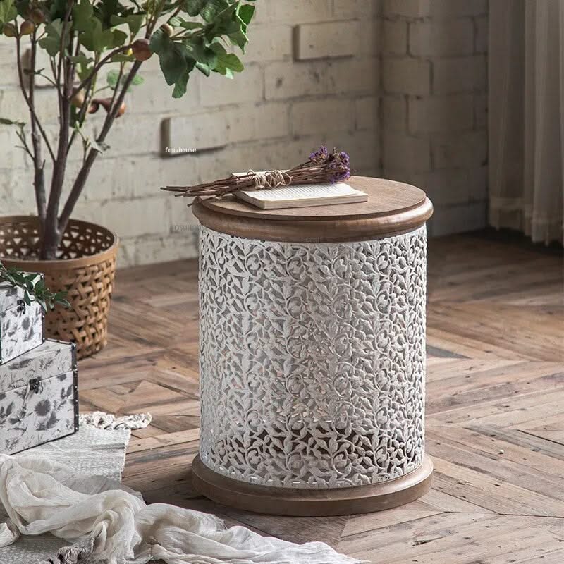 Retro Round Pine Wood Coffee Table Set of 3-ChandeliersDecor.com