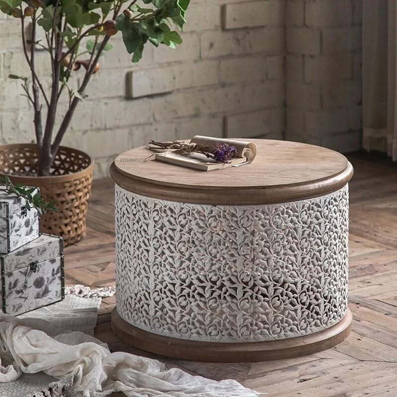 Retro Round Pine Wood Coffee Table Set of 3-ChandeliersDecor.com