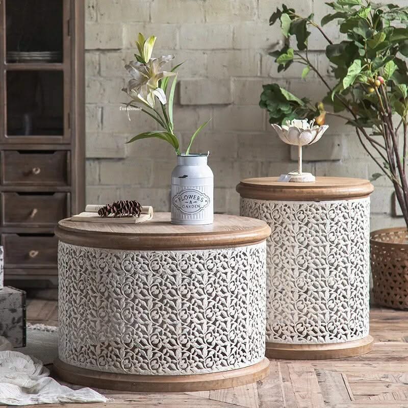 Retro Round Pine Wood Coffee Table Set of 3-ChandeliersDecor.com