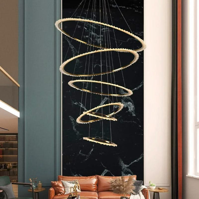 Rings Crystal LED Staircase Chandelier: Elegance-ChandeliersDecor.com