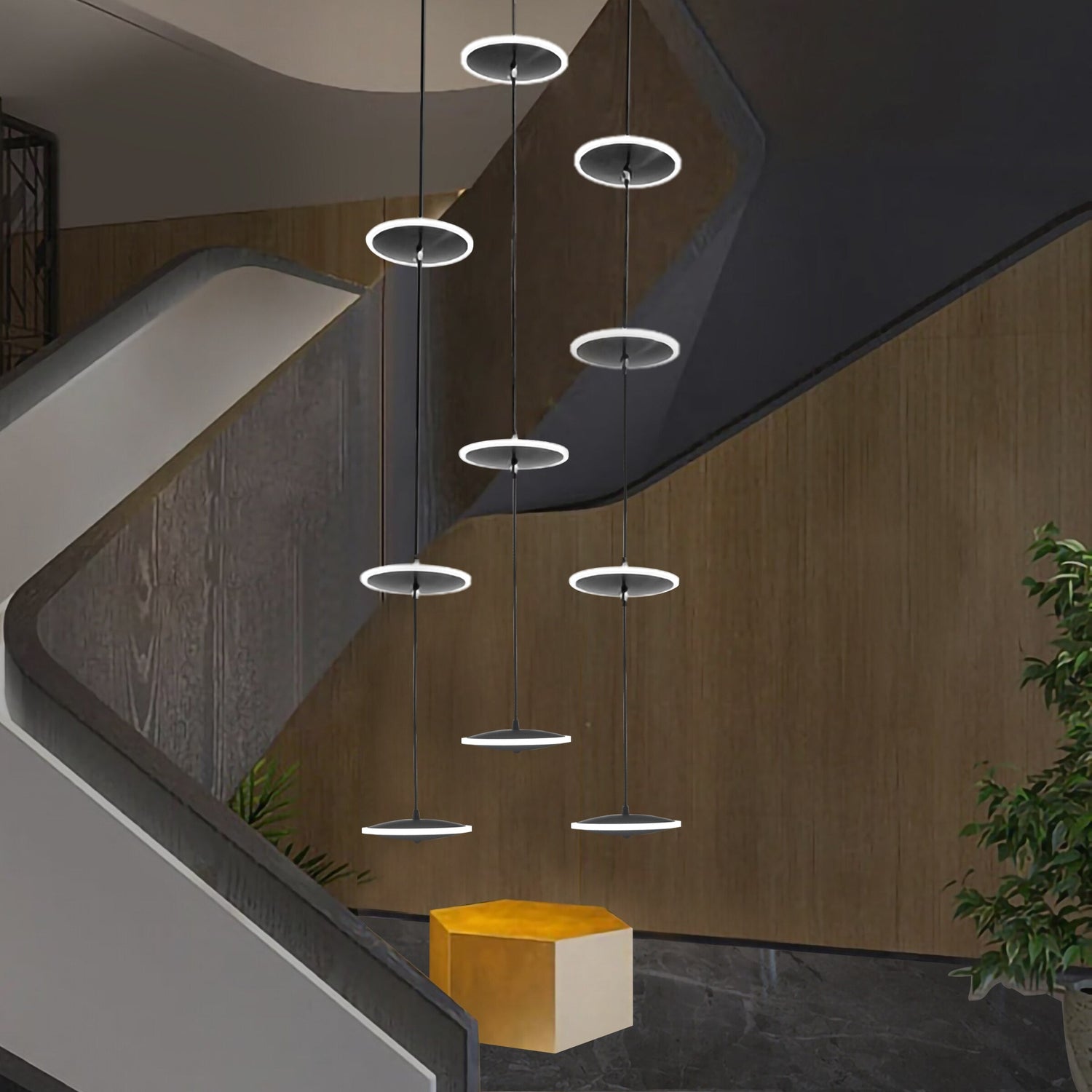 ChandeliersDecor.com-Staircase Chandelier-Rings LED Plate Staircase Chandelier