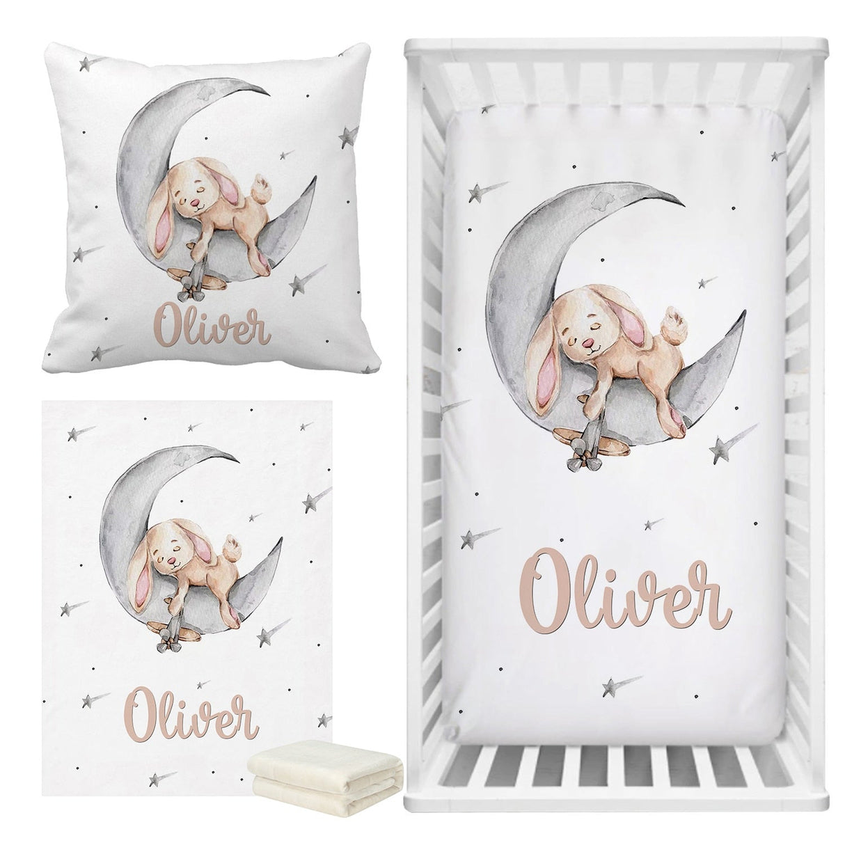 ChandeliersDecor.com-Crib Bedding-Sleeping Bunny Baby Name Crib Bedding Set | Baby Shower Gift Bedding Set