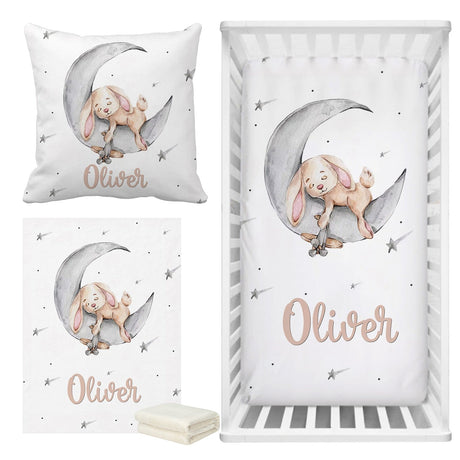ChandeliersDecor.com-Crib Bedding-Sleeping Bunny Baby Name Crib Bedding Set | Baby Shower Gift Bedding Set
