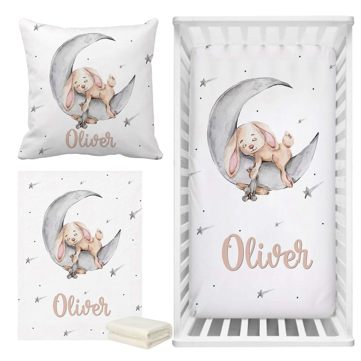 ChandeliersDecor.com-Crib Bedding-Sleeping Bunny Baby Name Crib Bedding Set | Baby Shower Gift Bedding Set