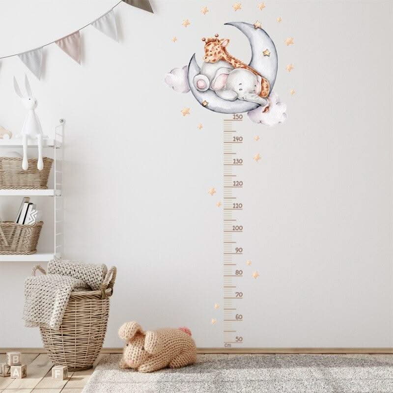 ChandeliersDecor.com-Kids Room Nursery Decals-Sleeping Elephant Giraffe Moon Height Measure Wall Decal for Kids room