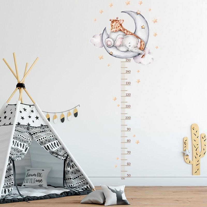 ChandeliersDecor.com-Kids Room Nursery Decals-Sleeping Elephant Giraffe Moon Height Measure Wall Decal for Kids room