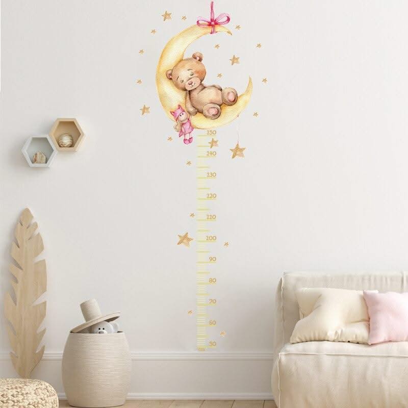 ChandeliersDecor.com-Kids Room Nursery Decals-Sleeping Yellow Bear Moon Height Measure Wall Decal for Kids Room
