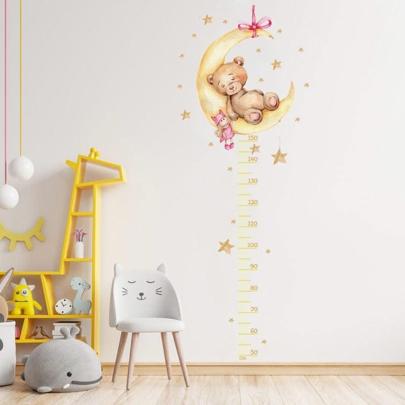 ChandeliersDecor.com-Kids Room Nursery Decals-Sleeping Yellow Bear Moon Height Measure Wall Decal for Kids Room