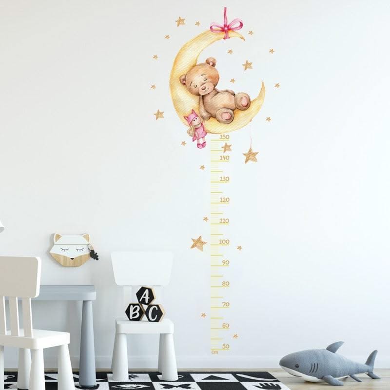 ChandeliersDecor.com-Kids Room Nursery Decals-Sleeping Yellow Bear Moon Height Measure Wall Decal for Kids Room