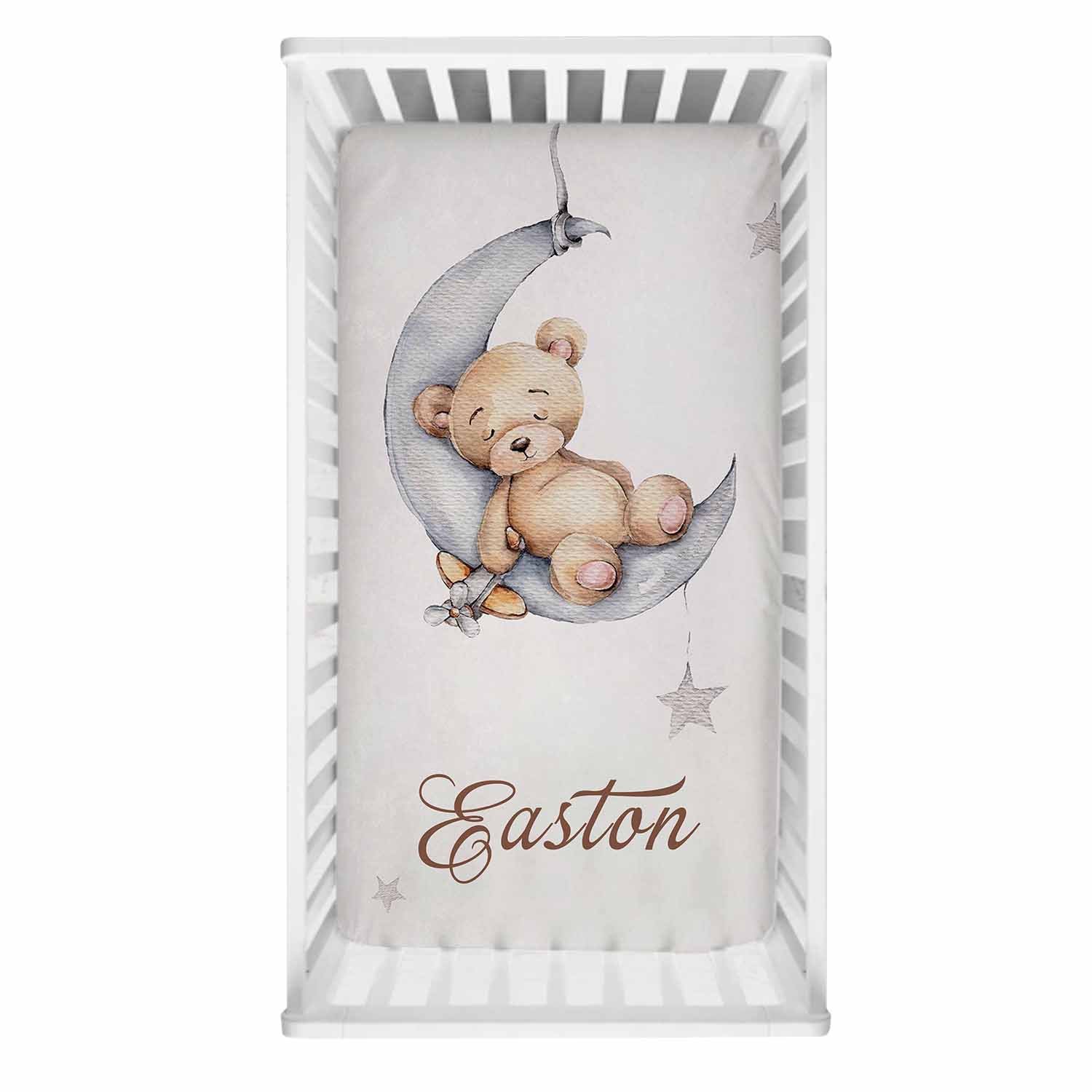 ChandeliersDecor.com-Crib Bedding-Sleepy Bear on Moon Baby Name Crib Bedding Set | Baby Shower Gift Bedding Set
