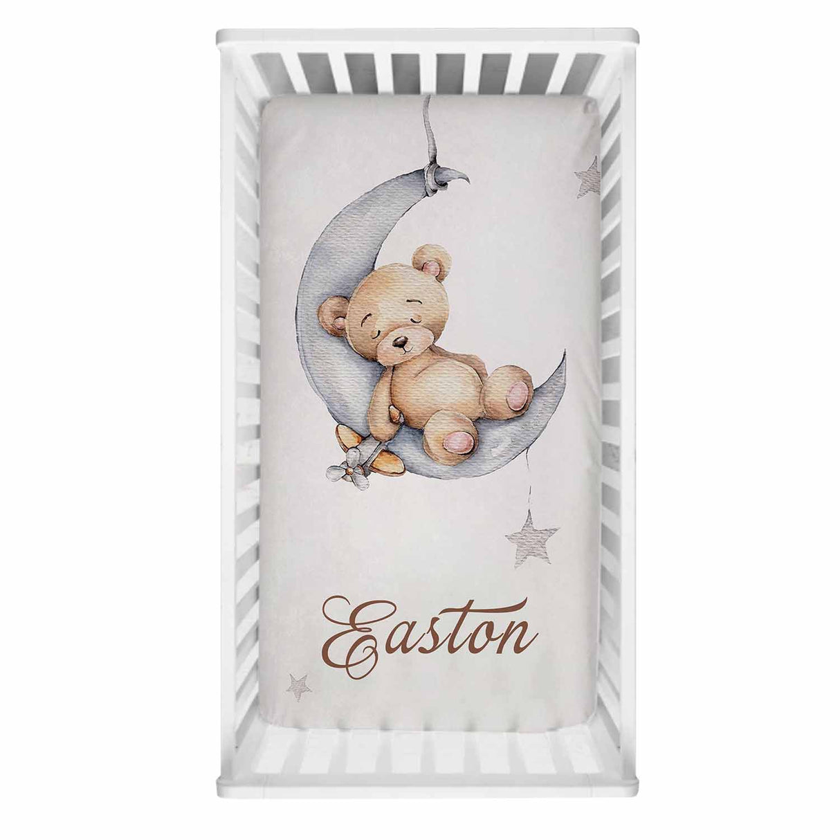 ChandeliersDecor.com-Crib Bedding-Sleepy Bear on Moon Baby Name Crib Bedding Set | Baby Shower Gift Bedding Set