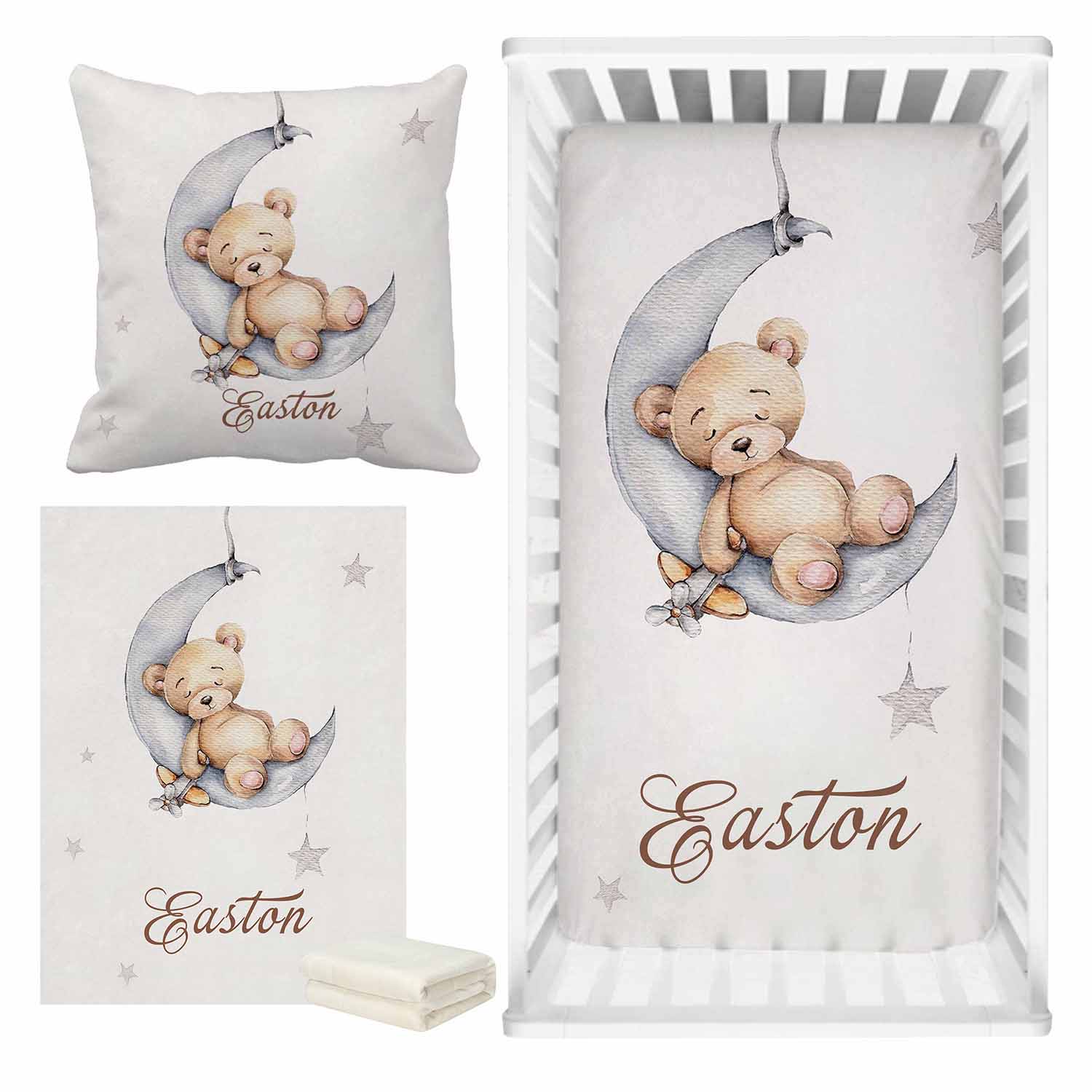 ChandeliersDecor.com-Crib Bedding-Sleepy Bear on Moon Baby Name Crib Bedding Set | Baby Shower Gift Bedding Set