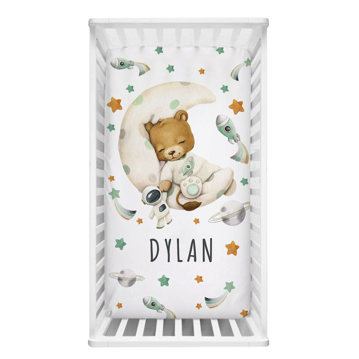 ChandeliersDecor.com-Crib Bedding-Sleepy Lion on Moon Baby Name Crib Bedding Set | Baby Shower Gift Bedding Set