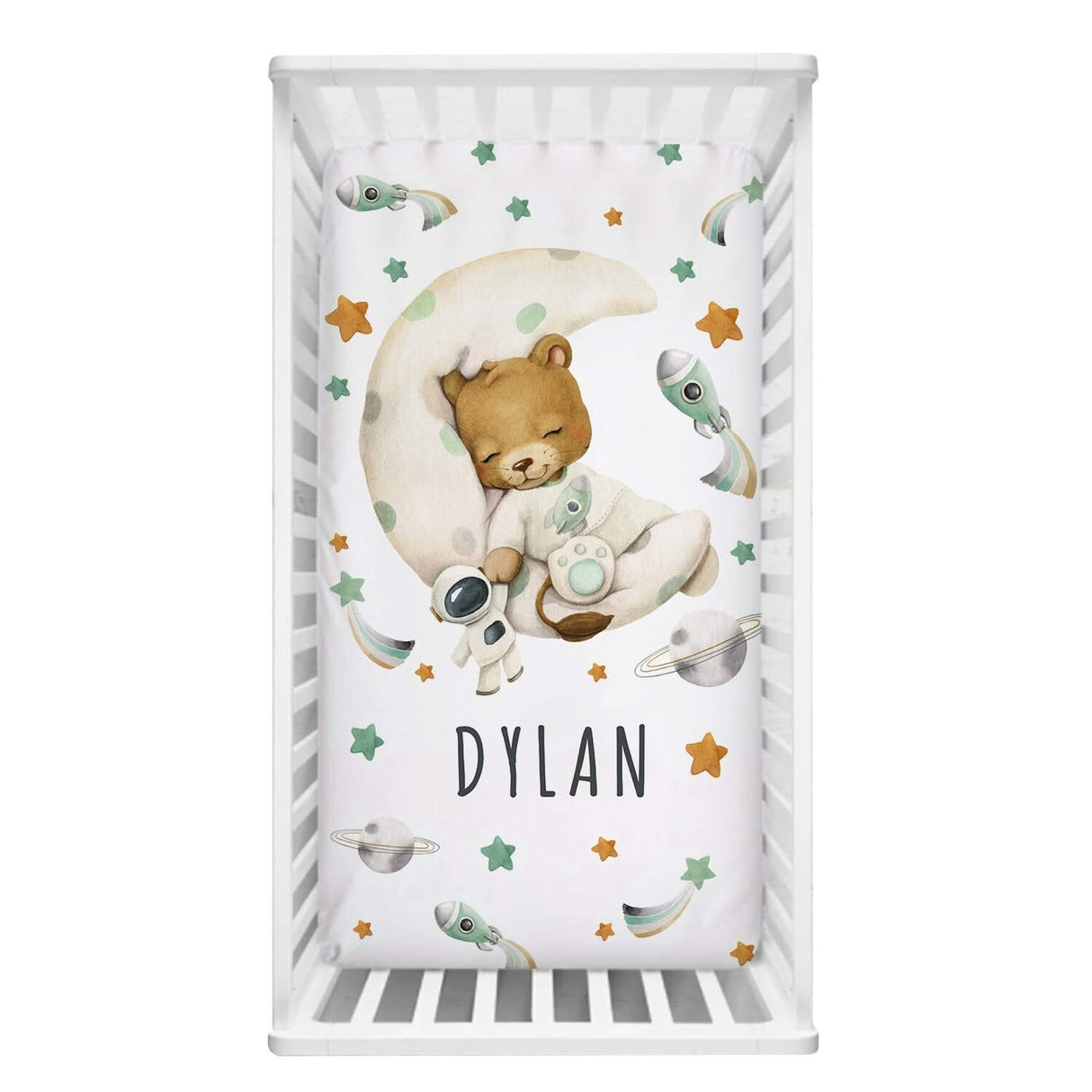 ChandeliersDecor.com-Crib Bedding-Sleepy Lion on Moon Baby Name Crib Bedding Set | Baby Shower Gift Bedding Set