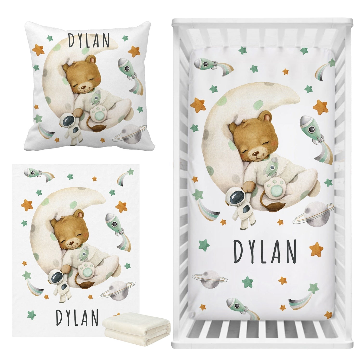 ChandeliersDecor.com-Crib Bedding-Sleepy Lion on Moon Baby Name Crib Bedding Set | Baby Shower Gift Bedding Set