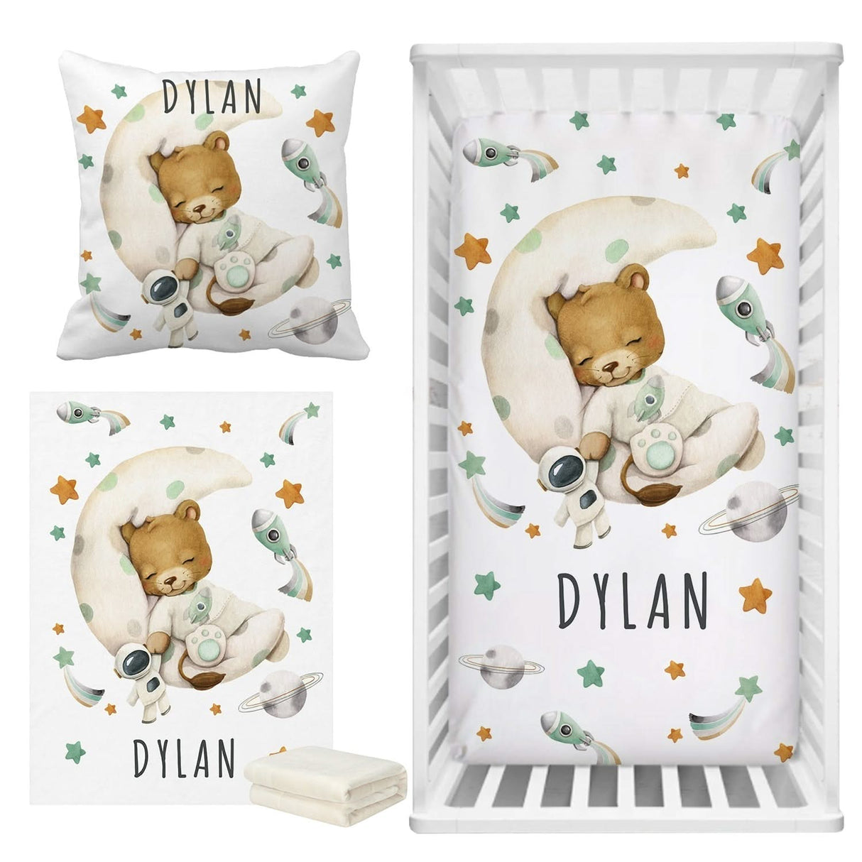 ChandeliersDecor.com-Crib Bedding-Sleepy Lion on Moon Baby Name Crib Bedding Set | Baby Shower Gift Bedding Set