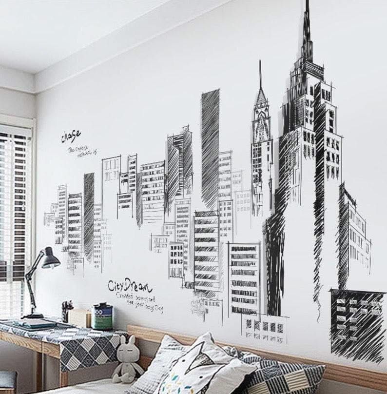 ChandeliersDecor.com-Tall City Buildings Wall Stickers | Buildings Wall Decal | Living room Wall Decal