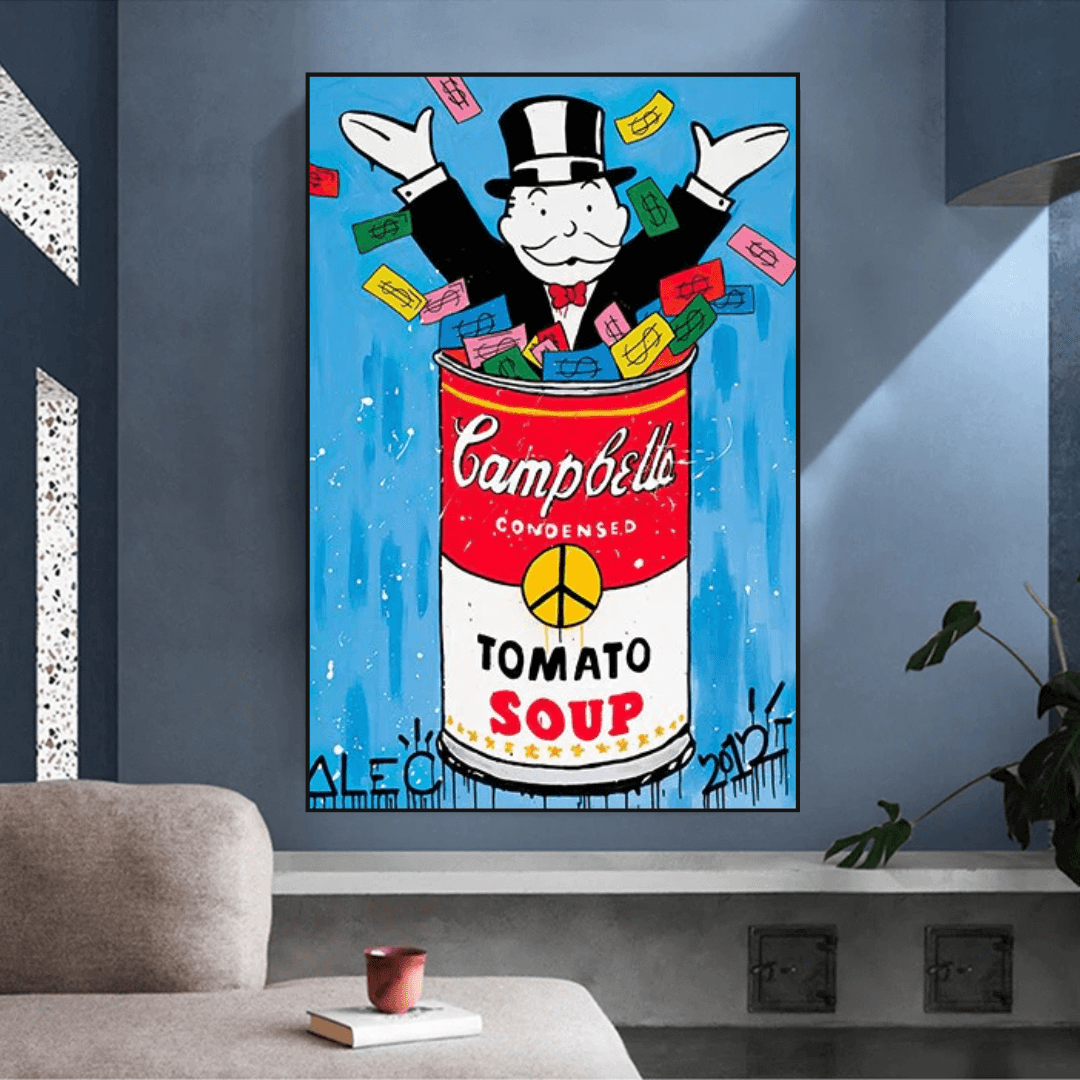Tomato Soup - Alec Monopoly Canvas Wall Art-ChandeliersDecor.com