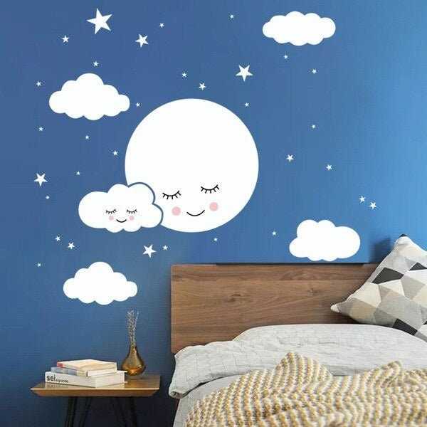 ChandeliersDecor.com-White Cloud Smiley Wall Sticker for Kids Room - Stars Decorations and Childrens Art