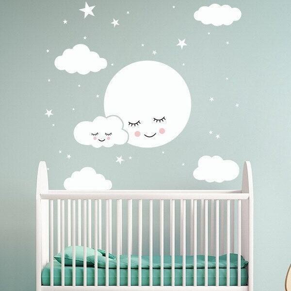 ChandeliersDecor.com-White Cloud Smiley Wall Sticker for Kids Room - Stars Decorations and Childrens Art