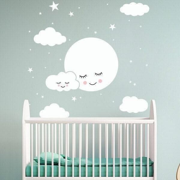 ChandeliersDecor.com-White Cloud Smiley Wall Sticker for Kids Room - Stars Decorations and Childrens Art