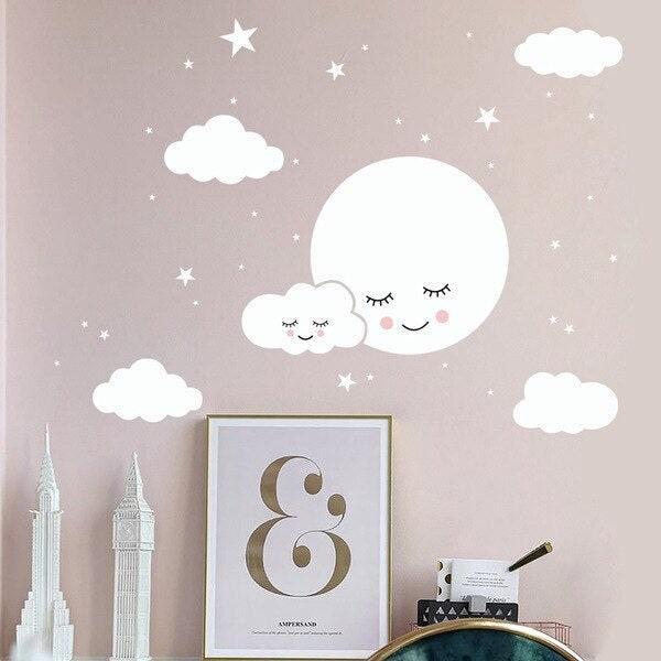 ChandeliersDecor.com-White Cloud Smiley Wall Sticker for Kids Room - Stars Decorations and Childrens Art