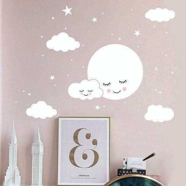 ChandeliersDecor.com-White Cloud Smiley Wall Sticker for Kids Room - Stars Decorations and Childrens Art